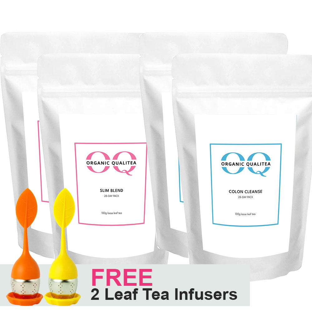 OQ teatox for two Bundle - 2 Slim, 2 Colon Detox 28-day packs (plus *2 FREE leaf tea Infusers)